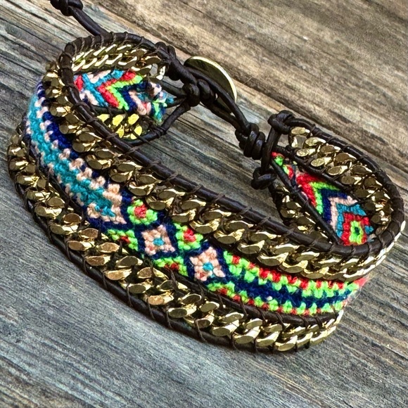 NWOT✨ Boho Western Colorful Macrame Gold Chain & Leather Friendship Bracelet - Picture 13 of 16
